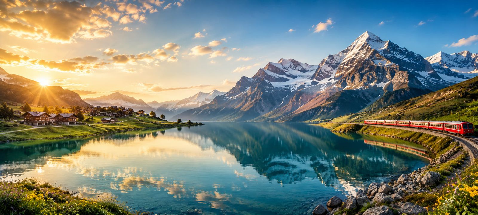 Swiss Alps lake at sunrise with snow-capped peaks and red train