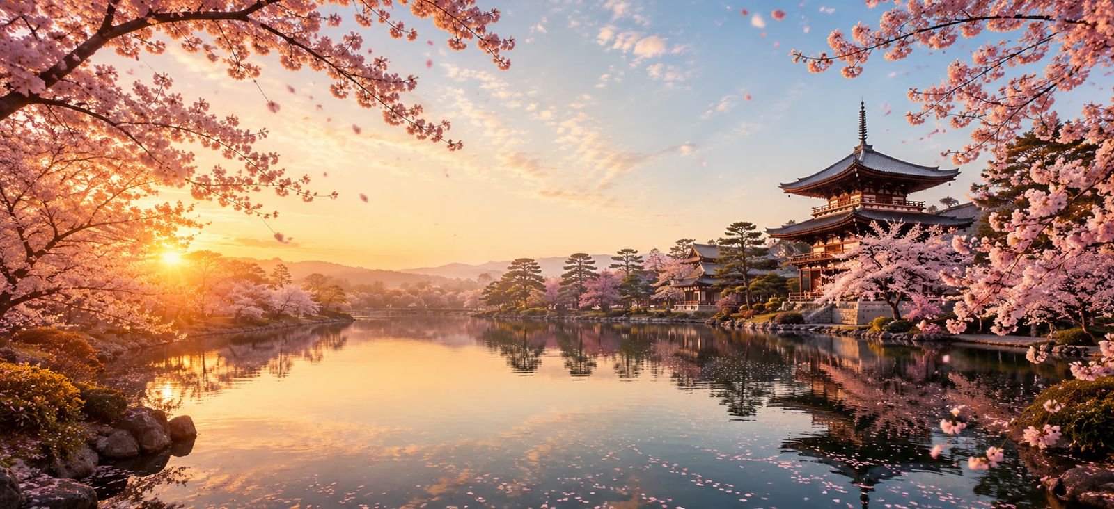 Japan cherry blossoms and pagoda reflected on calm water at sunset
